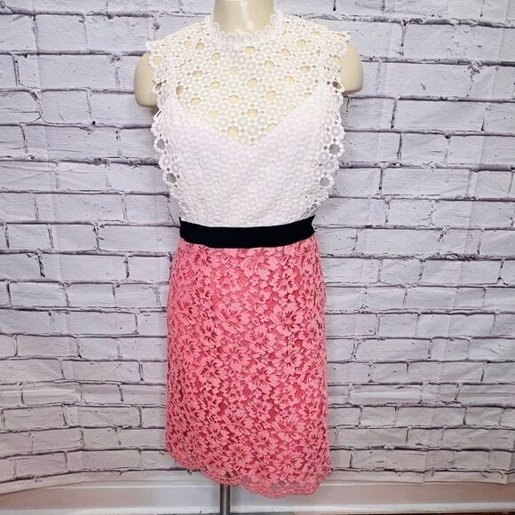 Sandro Womens White & Pink Sleeveless Gab Lace Mock Neck Sheath Dress Size 2 - Picture 1 of 9